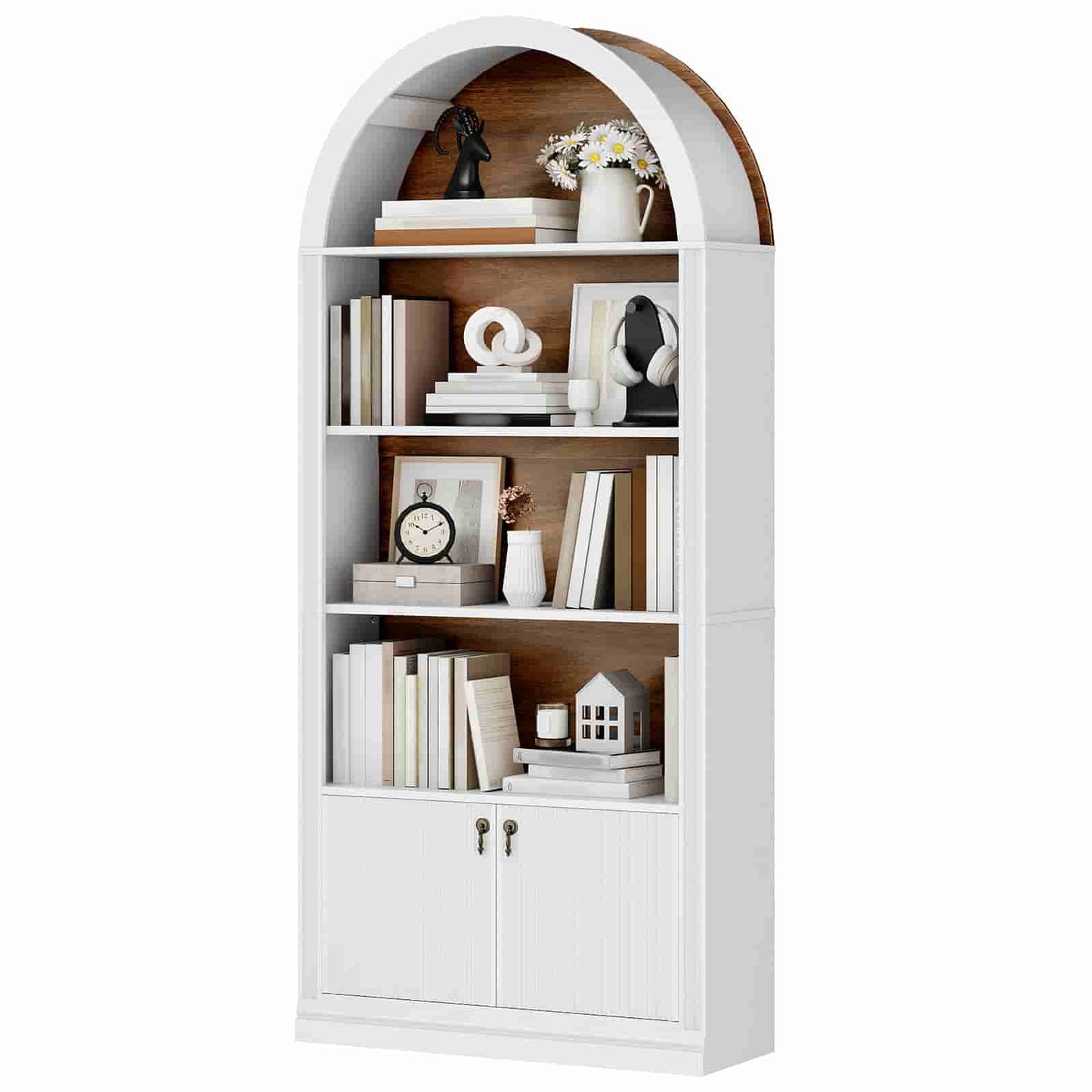Studio shot of a white arched display cabinet with 3 open shelves and a bottom 2-door storage cupboard.