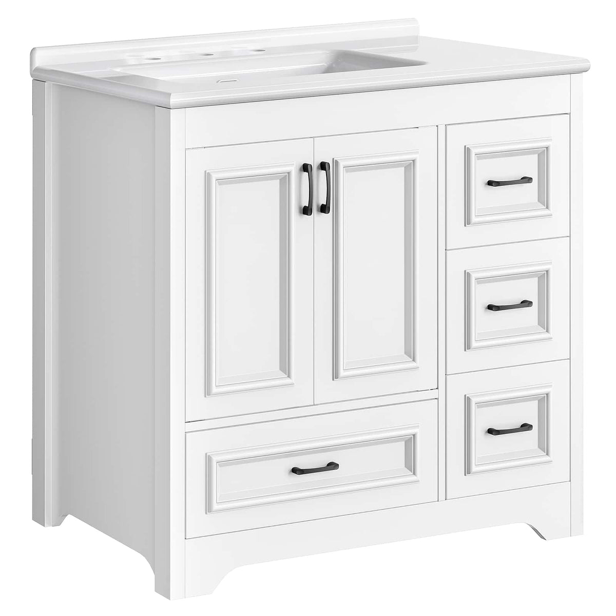 White single-sink bathroom vanity cabinet with two paneled doors, three drawers, and black hardware, shown on a plain white background.
