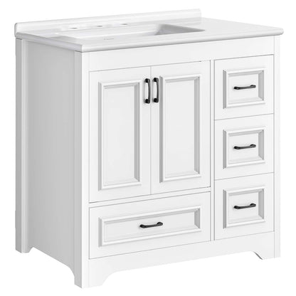 White single-sink bathroom vanity cabinet with two paneled doors, three drawers, and black hardware, shown on a plain white background.