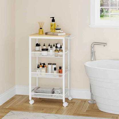  Compact white bathroom storage cart on wheels holding toiletries and towels next to a modern bathtub.
