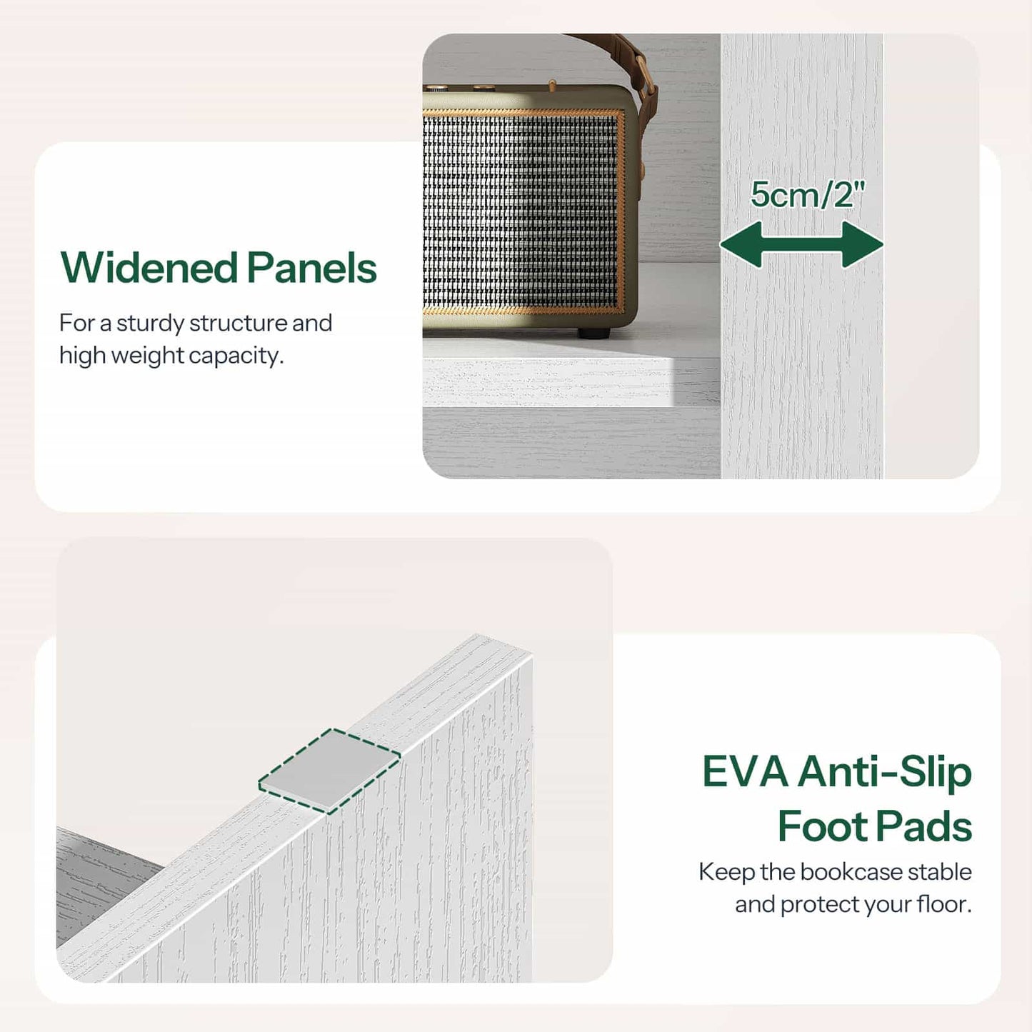 Product detail shots showing the thickened widened panels and EVA anti-slip foot pads to protect floors.