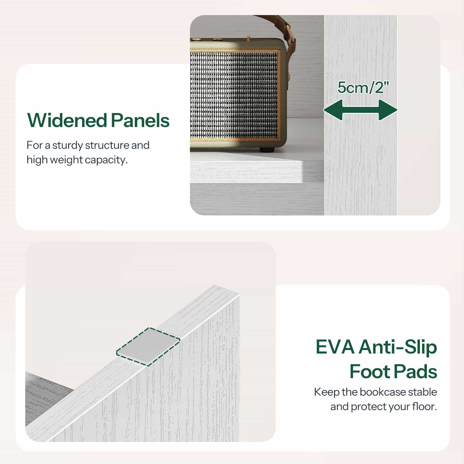 Product detail shots showing the thickened widened panels and EVA anti-slip foot pads to protect floors.