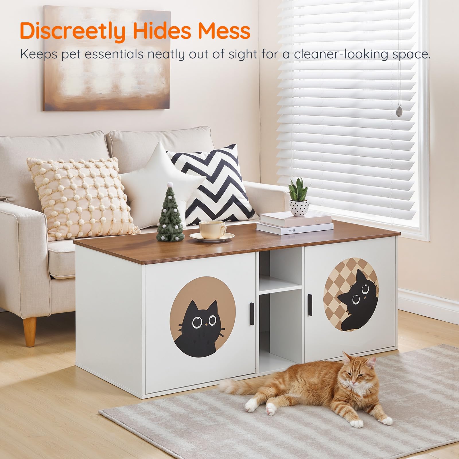 White cat litter furniture used as an elegant living room TV stand and console cabinet behind a beige couch.