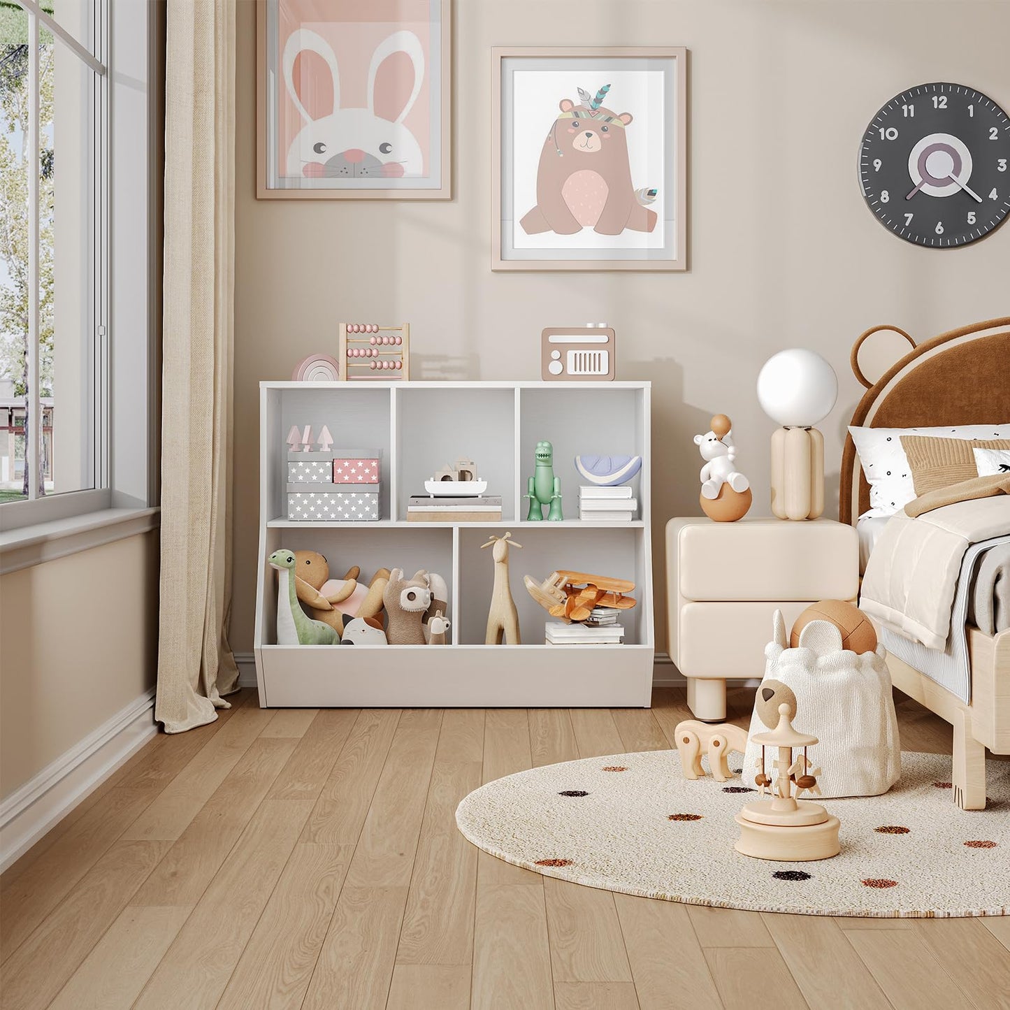 White children book display shelf standing next to a toddler bed in a minimalist Nordic kids bedroom.