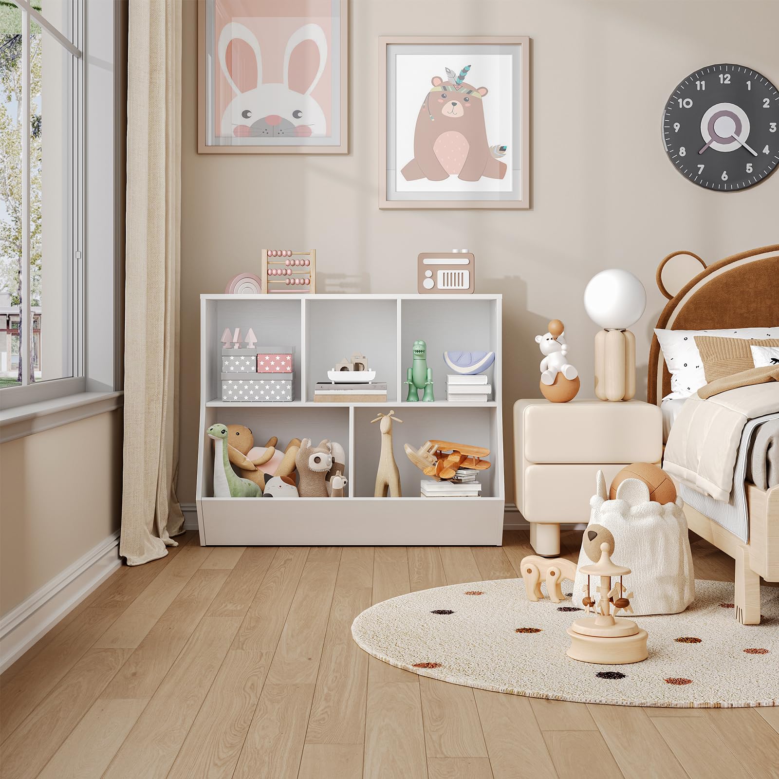 White children book display shelf standing next to a toddler bed in a minimalist Nordic kids bedroom.