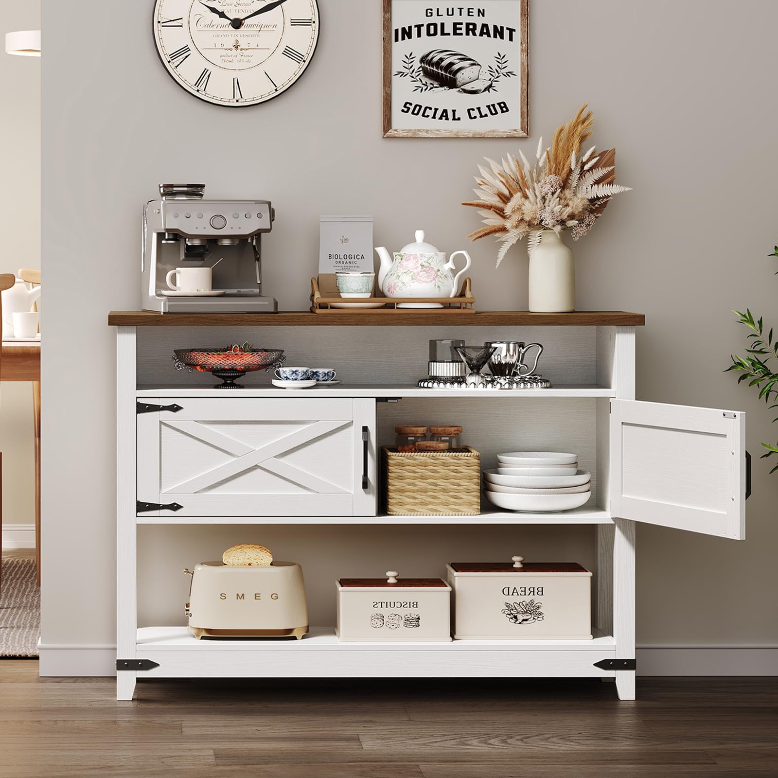 White coffee bar cabinet kitchen storage station holding an espresso machine and mugs