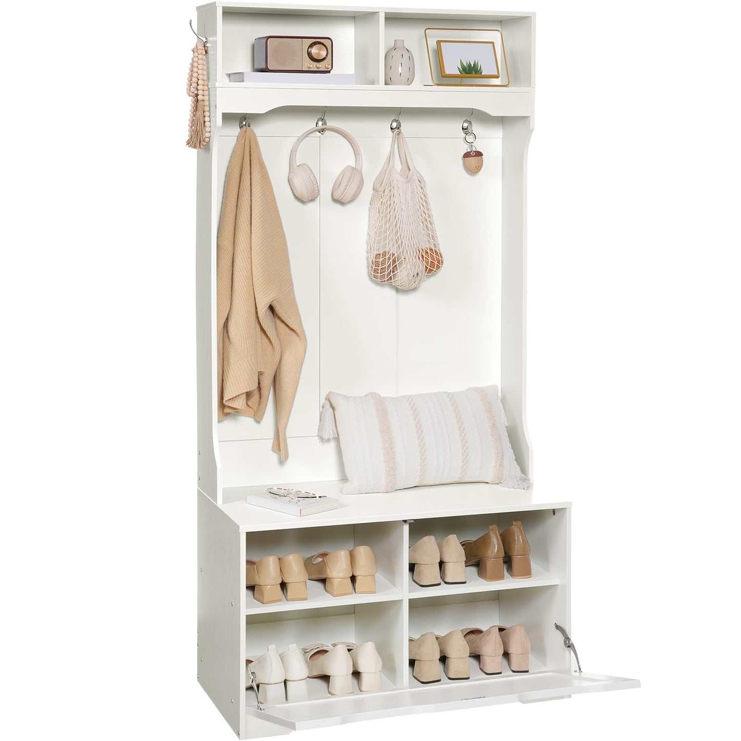 White entryway storage tree with an open flip-down shoe cabinet showing multiple tiers of footwear inside.