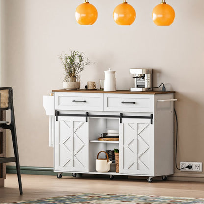 White farmhouse kitchen sideboard cabinet used as an elegant coffee bar station under warm pendant lights.