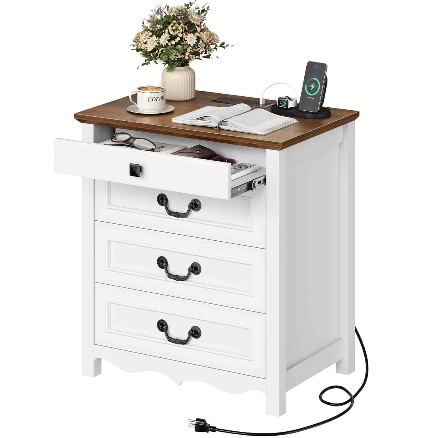 Top-down angle view of the white wooden nightstand with all three large storage drawers fully extended.
