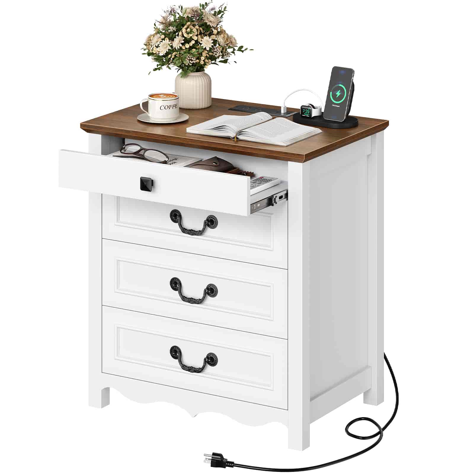 Top-down angle view of the white wooden nightstand with all three large storage drawers fully extended.