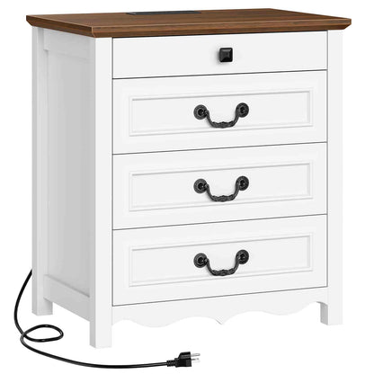 White dresser with three drawers, wooden top, and power cord on a white background