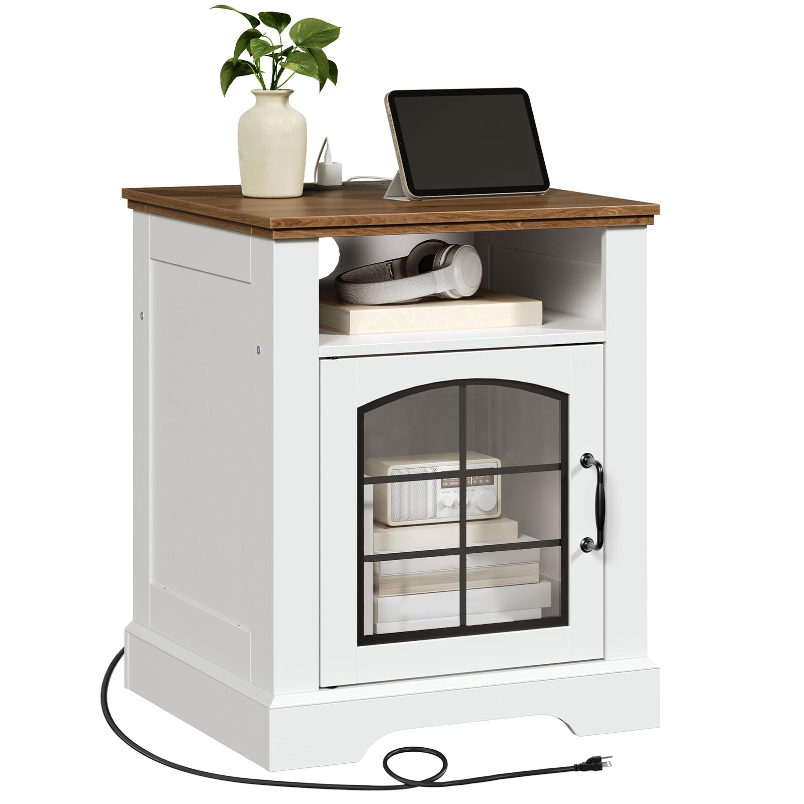White cabinet with wooden top, displaying a tablet, plant, and books on a white background