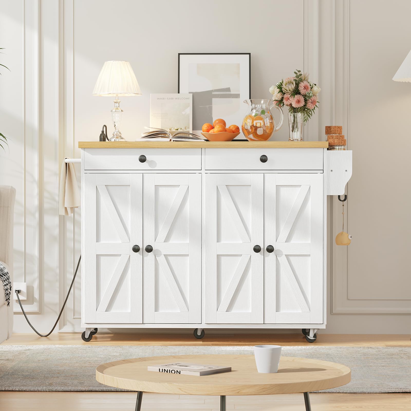 White farmhouse kitchen sideboard cabinet used as an elegant accent display station against a living room wall.