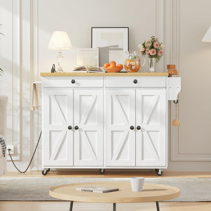 White farmhouse kitchen sideboard cabinet used as an elegant accent display station against a living room wall.