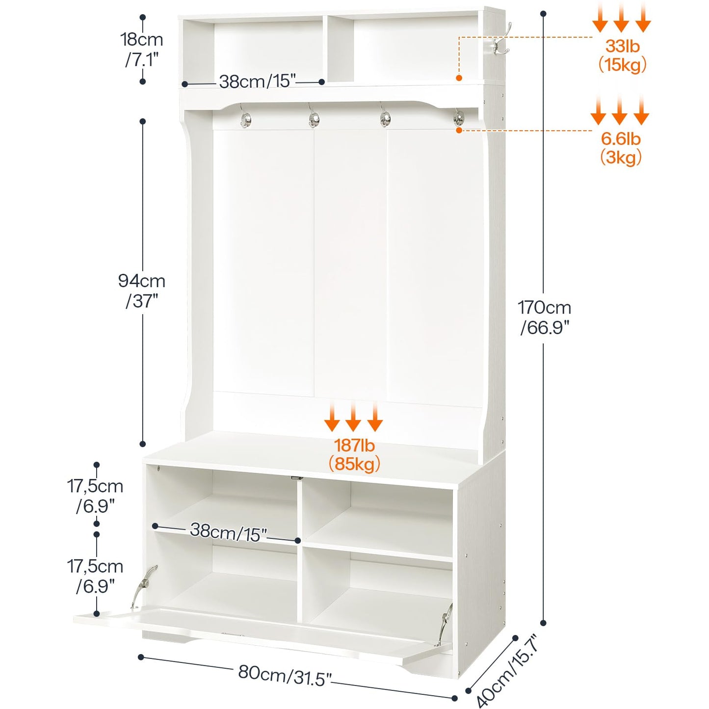 Detailed dimensions and heavy-duty load capacity specifications chart of HOOBRO white hall tree hutch.