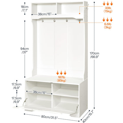Detailed dimensions and heavy-duty load capacity specifications chart of HOOBRO white hall tree hutch.