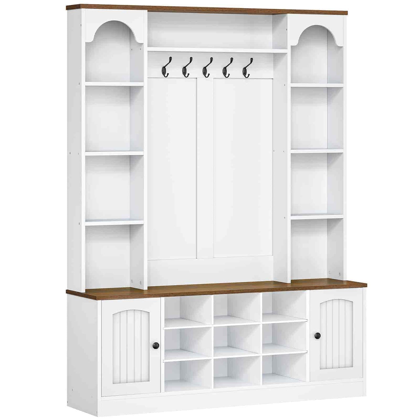 Large white rustic farmhouse hall tree featuring an integrated shoe bench, open storage cubbies, and coat hooks on a white background.