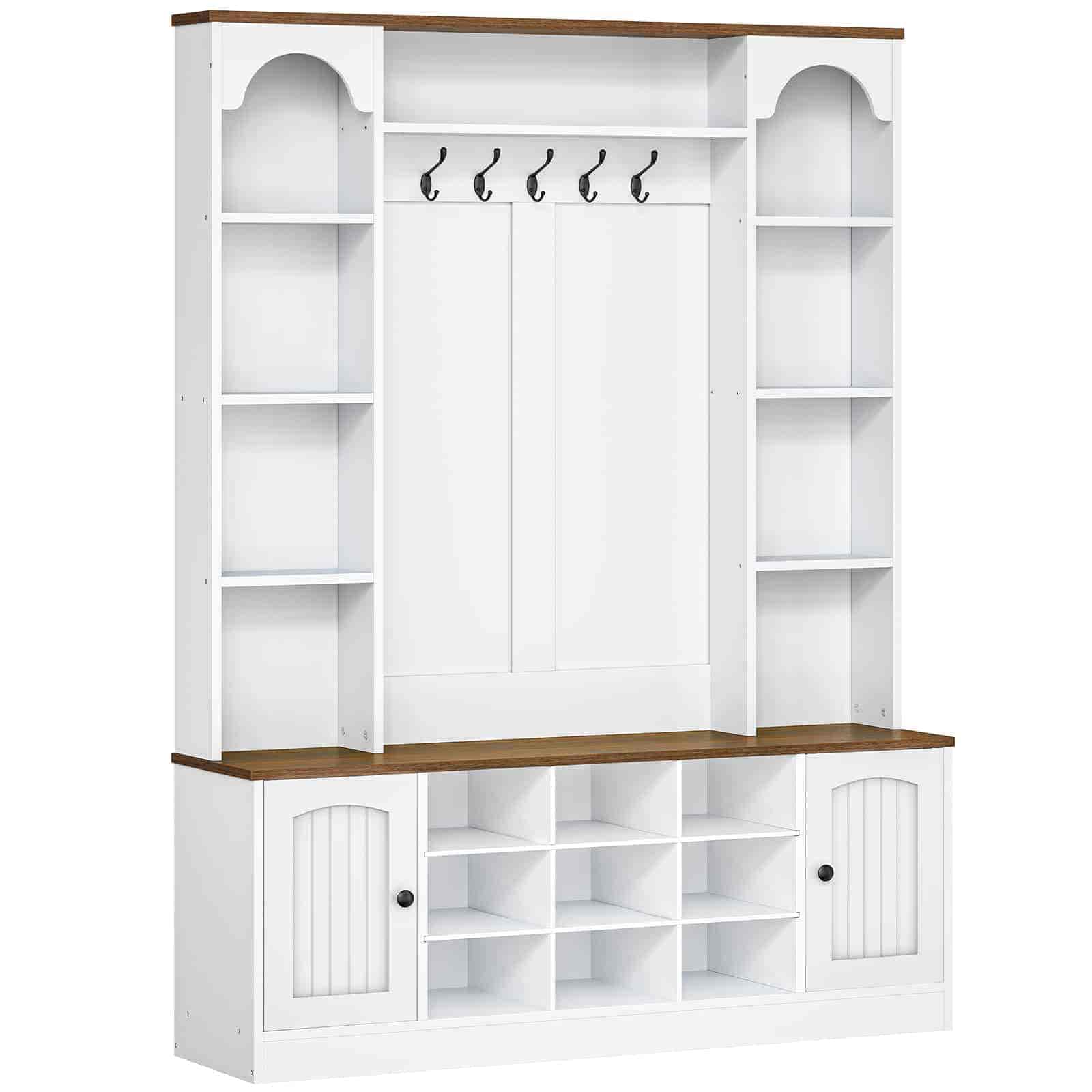 Large white rustic farmhouse hall tree featuring an integrated shoe bench, open storage cubbies, and coat hooks on a white background.