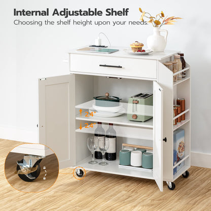 White kitchen cart with wheels on a wooden floor, featuring storage compartments and kitchen items.