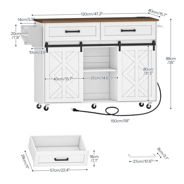Detailed dimensions and drawer size specifications chart of HOOBRO white rolling kitchen island cart.