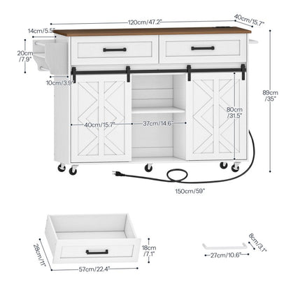 Detailed dimensions and drawer size specifications chart of HOOBRO white rolling kitchen island cart.