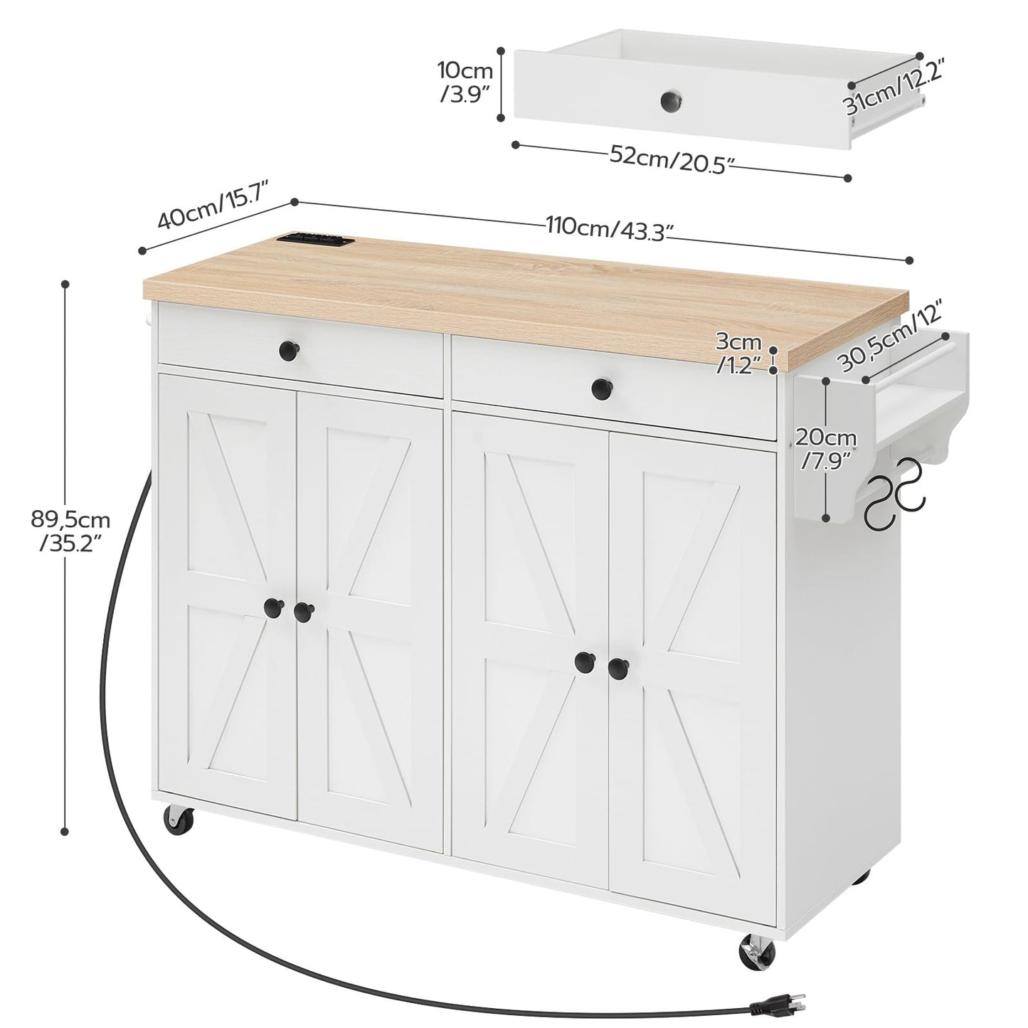 Detailed dimensions and space specifications chart of HOOBRO white rolling kitchen island cart with drop leaf.