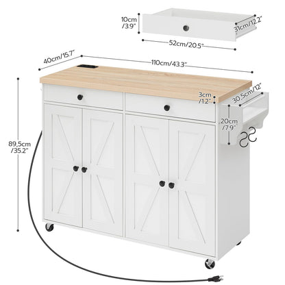 Detailed dimensions and space specifications chart of HOOBRO white rolling kitchen island cart with drop leaf.