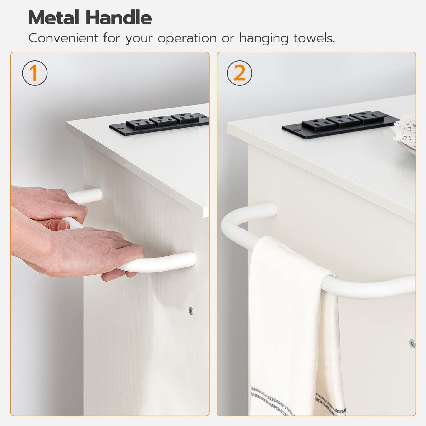 Metal handle on a white cabinet with text indicating its convenience for operation or hanging towels.