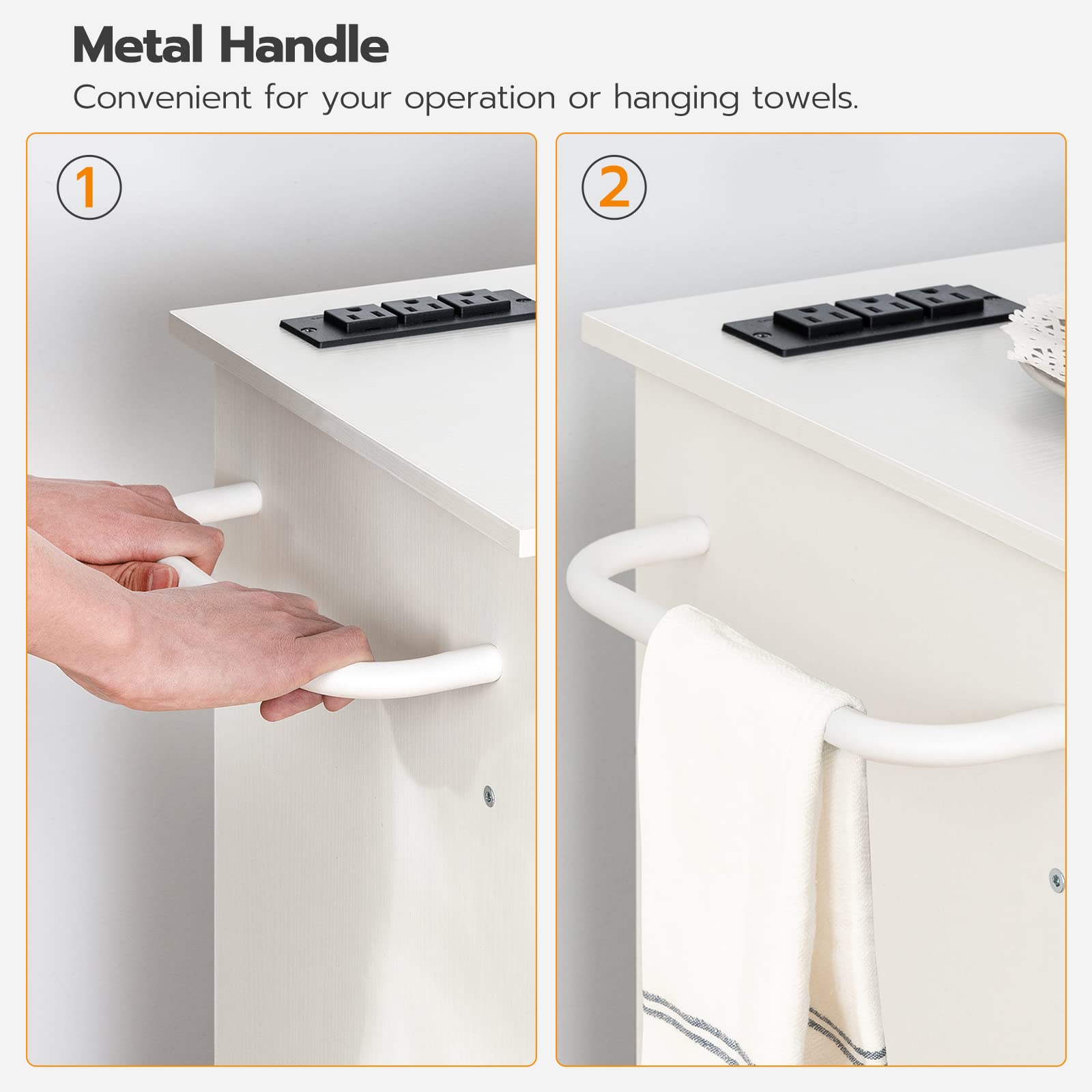 Metal handle on a white cabinet with text indicating its convenience for operation or hanging towels.