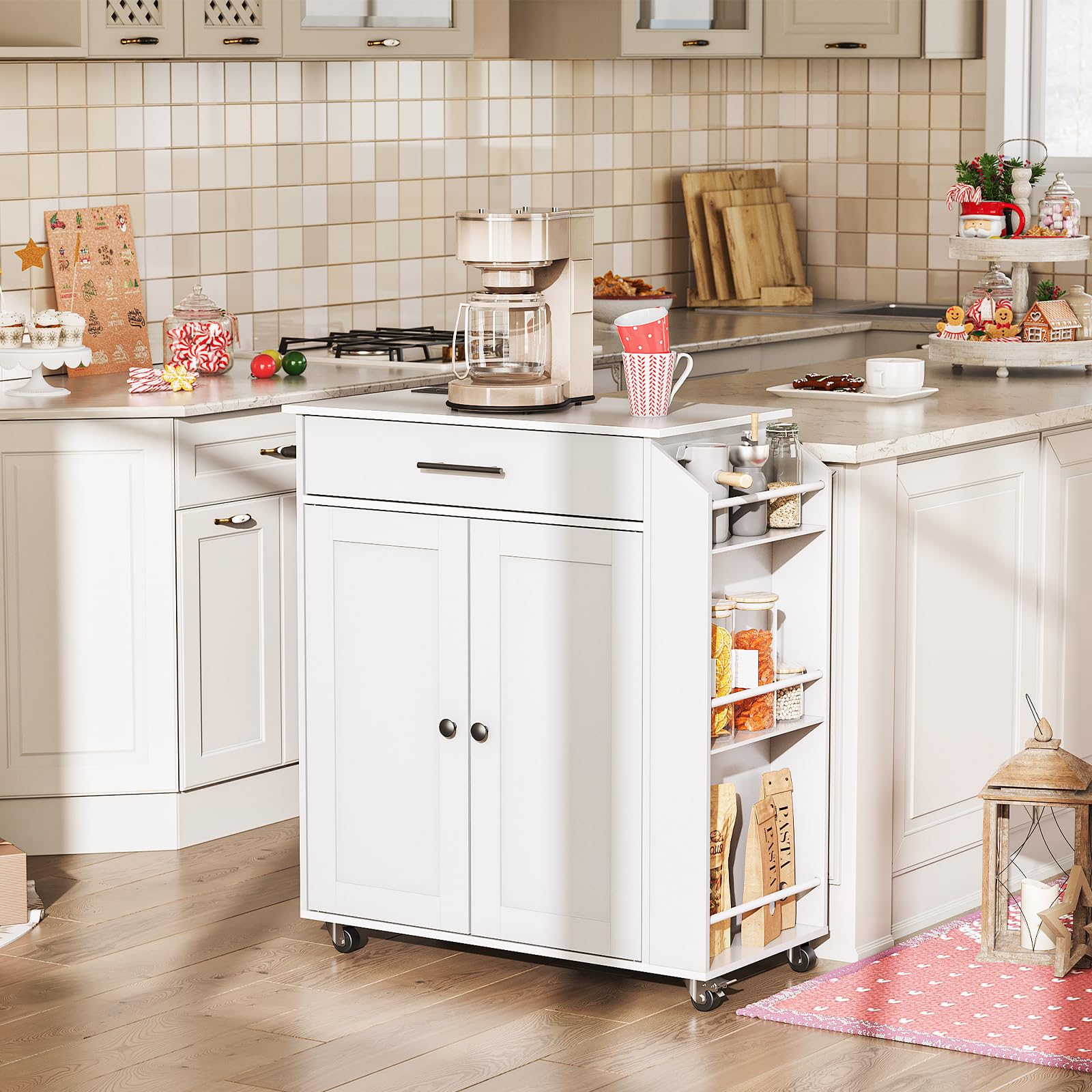 Kitchen island with storage shelves in a well-lit kitchen