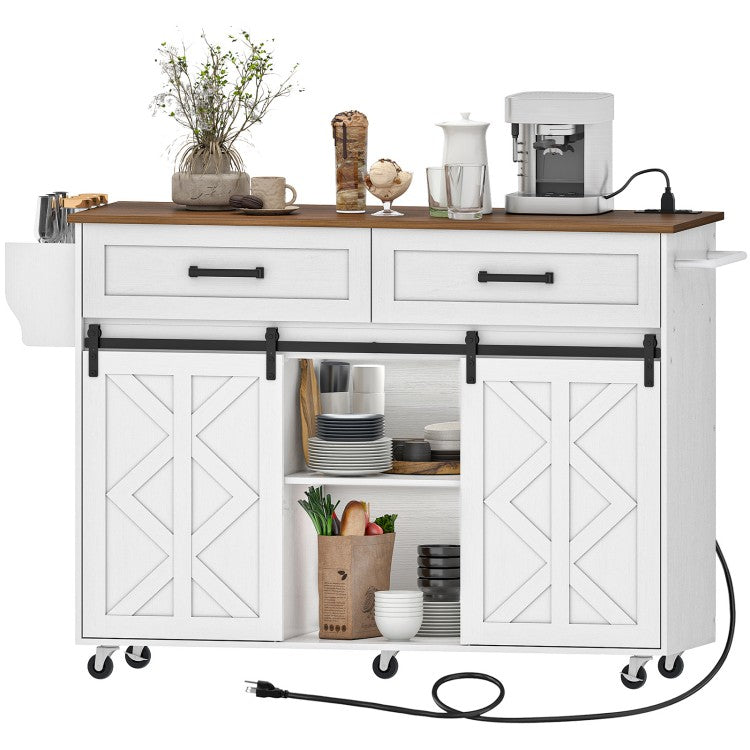 White farmhouse kitchen island table with rustic brown wood tabletop showing smooth sliding barn doors opened.