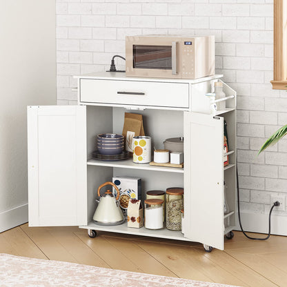 White kitchen cart with microwave and storage shelves in a kitchen setting.