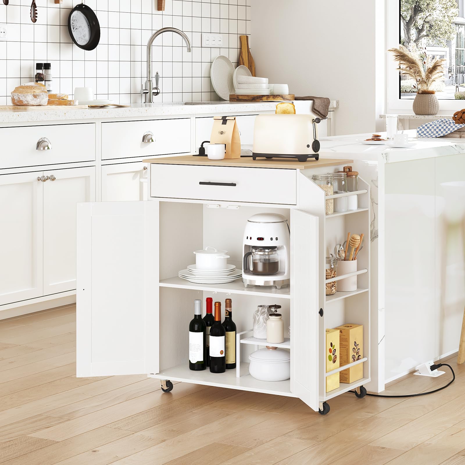 White kitchen island with storage shelves in a modern kitchen setting.