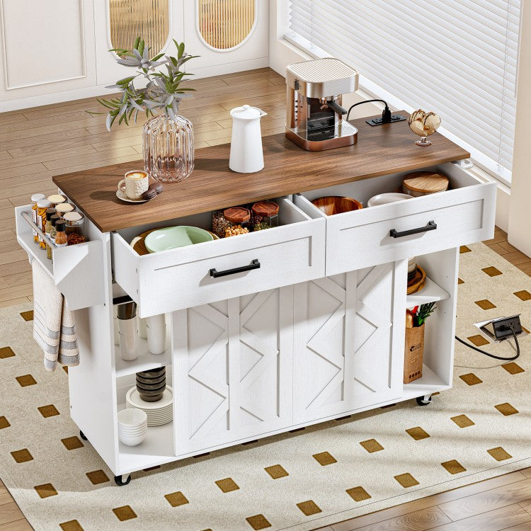 White kitchen utility cart with fully opened drawers and sliding doors showing ample storage space for culinary tools.
