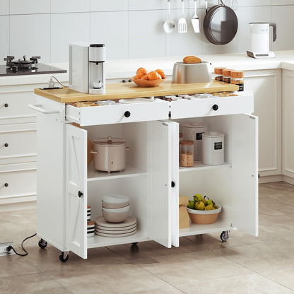 White kitchen utility cart with opened 4 barn doors showing ample storage space for bowls, plates, and pots.