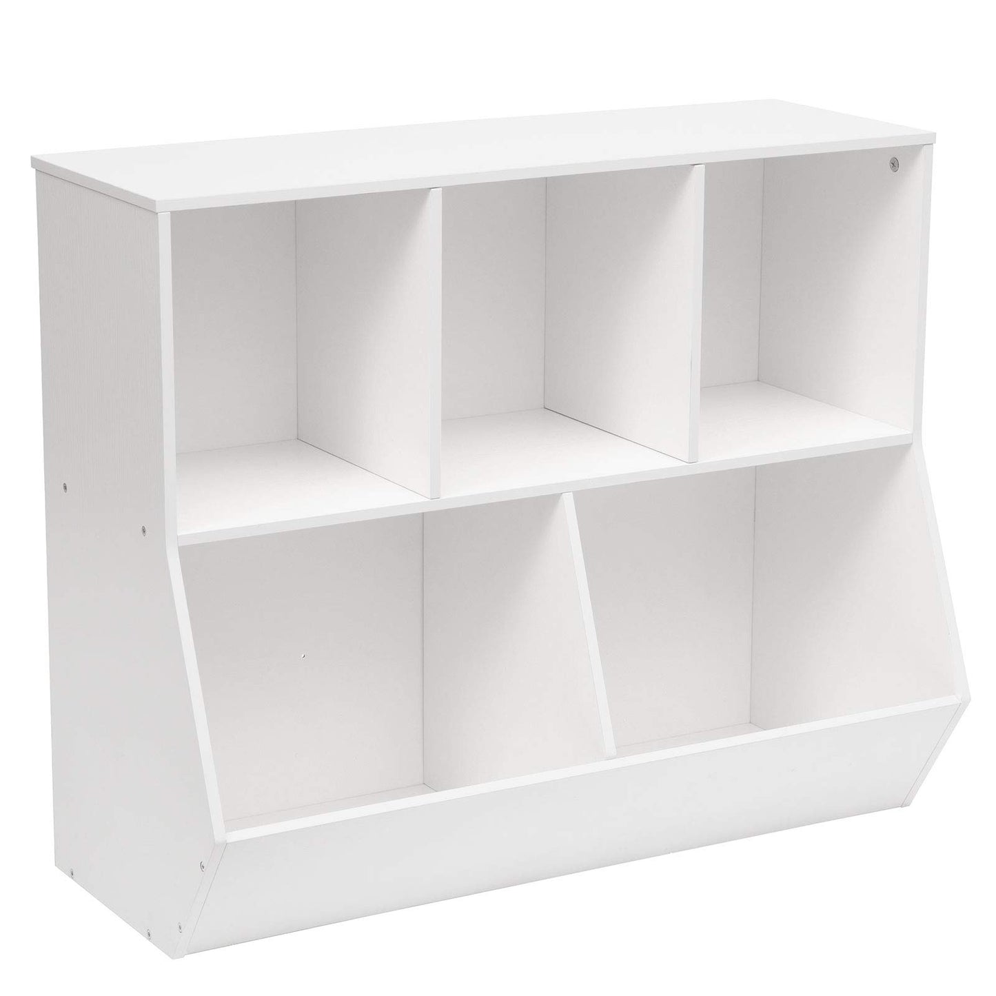 White montessori toy storage shelf with upper cubbies and lower open storage bins on a white background.
