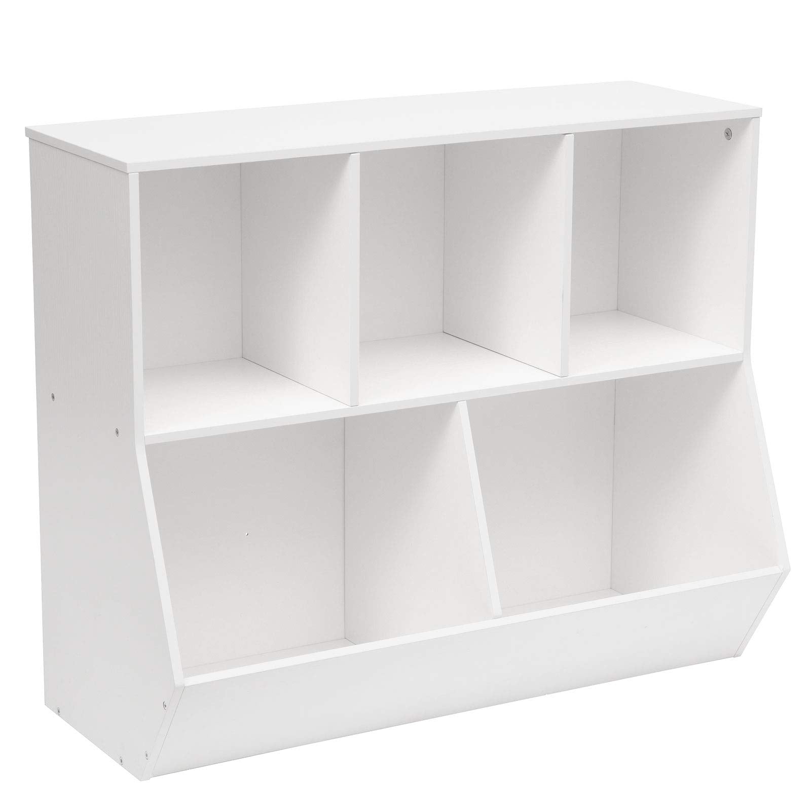 White montessori toy storage shelf with upper cubbies and lower open storage bins on a white background.