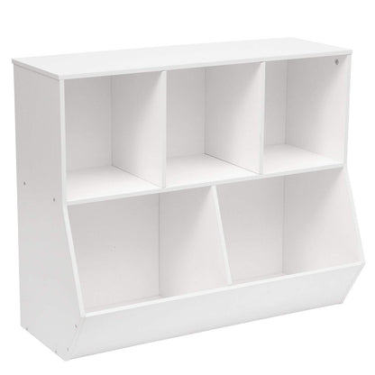 White montessori toy storage shelf with upper cubbies and lower open storage bins on a white background.