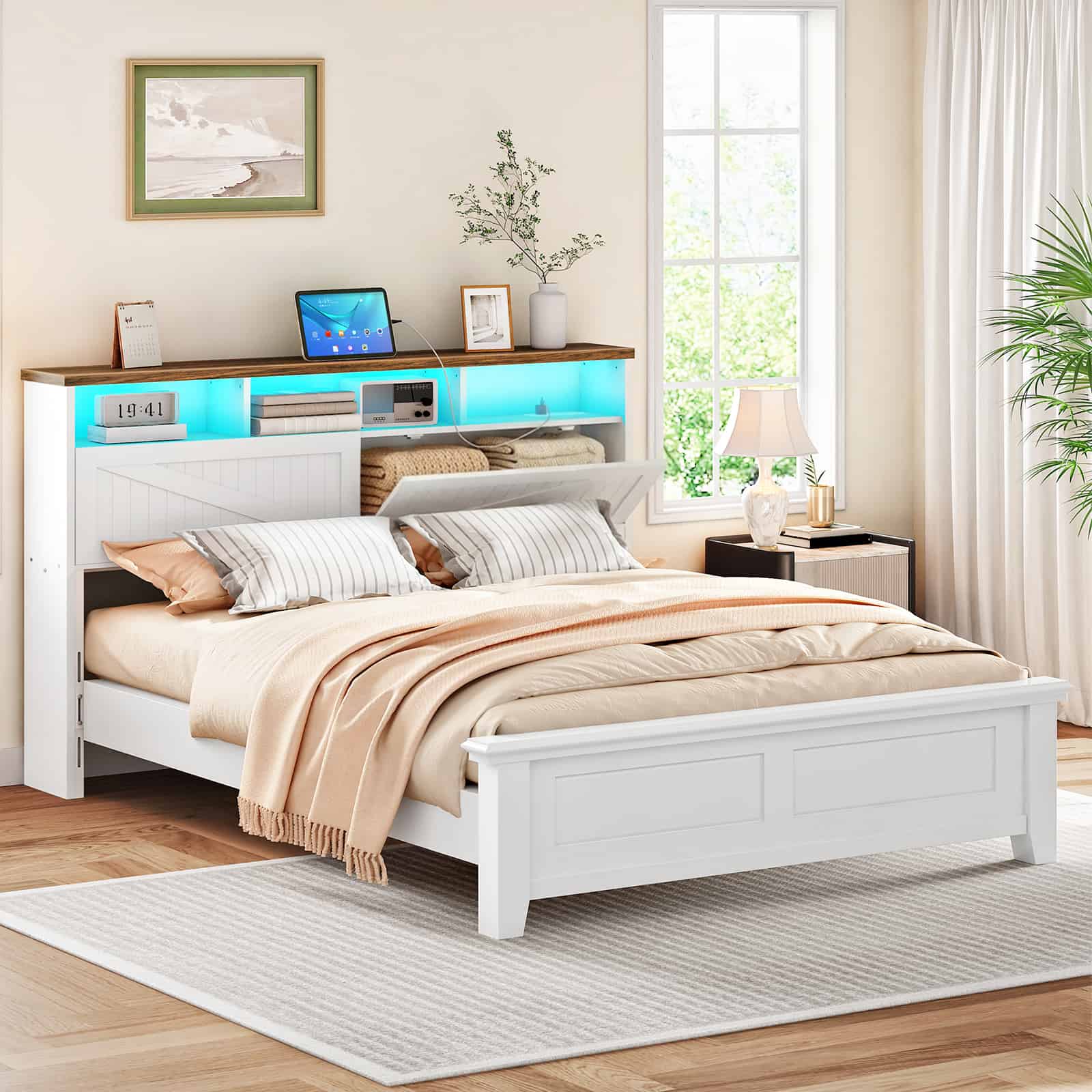  Freestanding white storage headboard bookshelf beautifully integrated with a queen-size bed frame in a well-lit modern bedroom.
