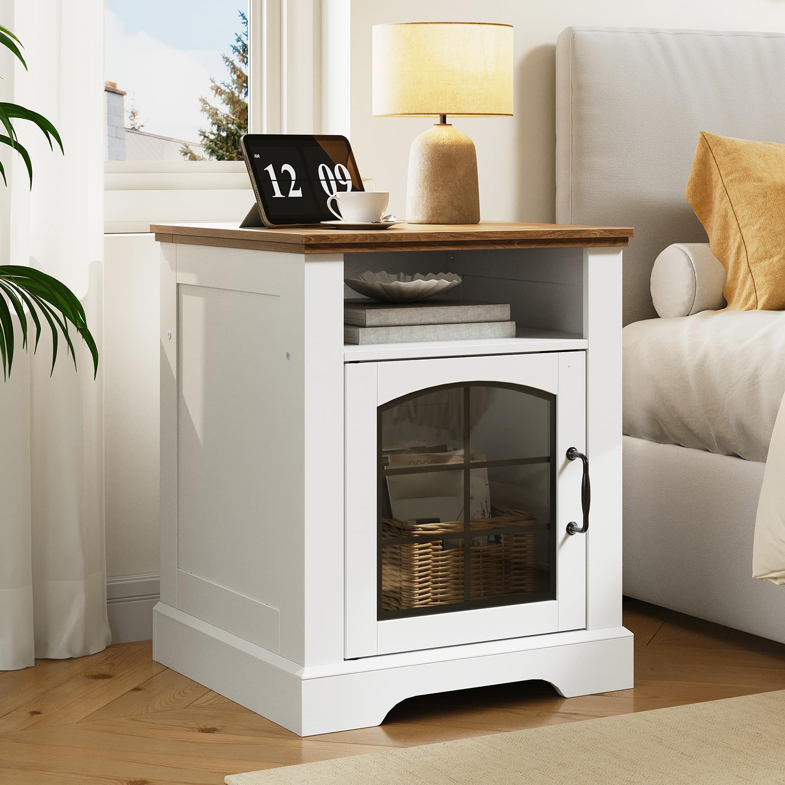 White side table with wooden top in a living room setting