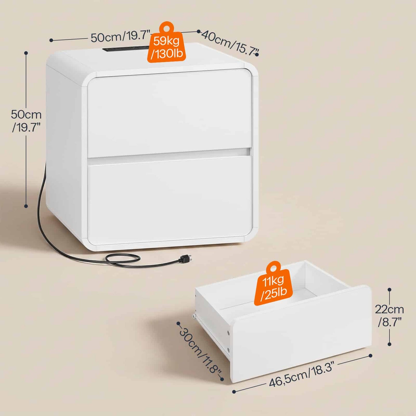 White storage cube with dimensions and weight indicators on a beige background
