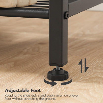 Close up of the sturdy matte black metal leg frame showing a 360-degree rotating adjustable leveling feet peg.