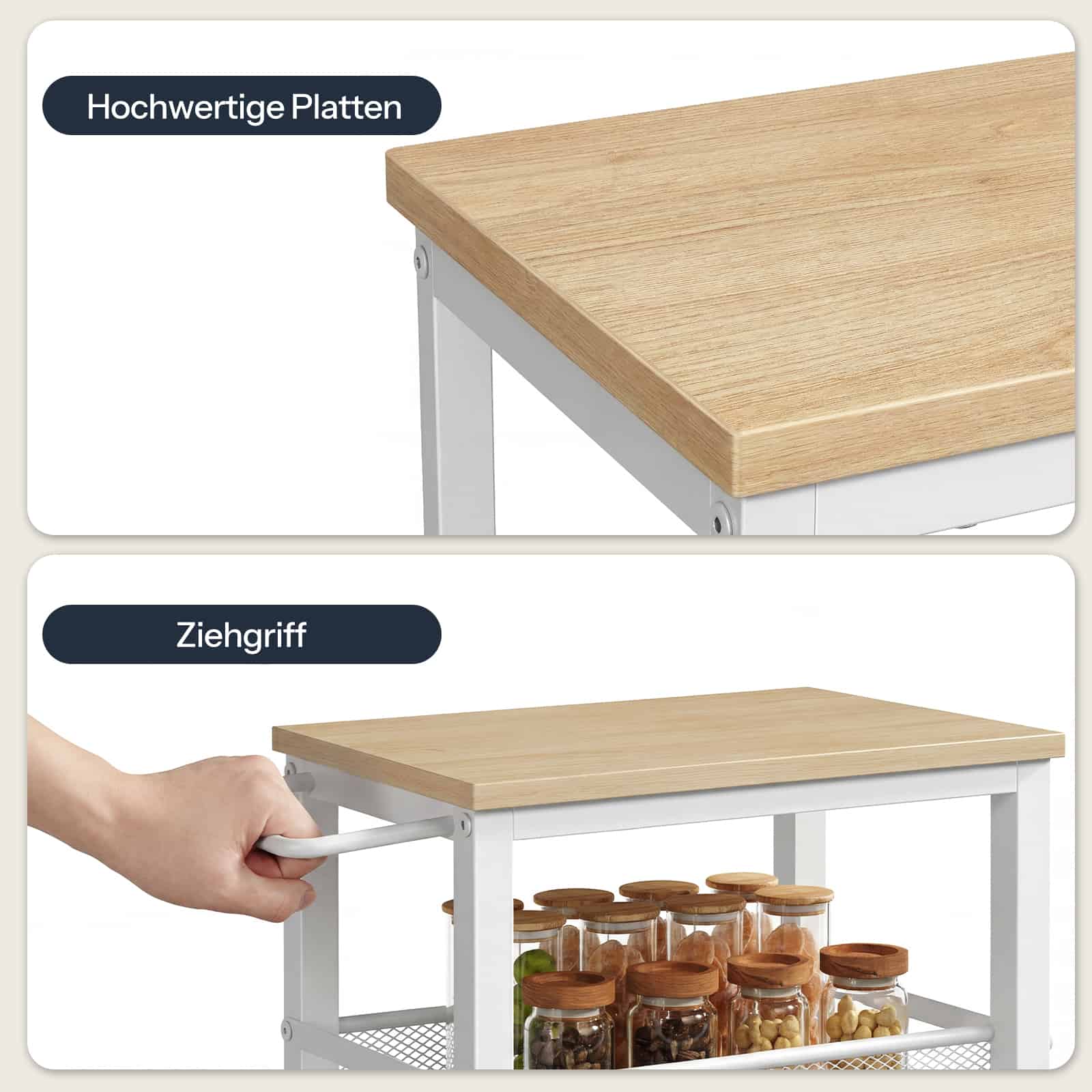 Split close-up view highlighting the premium wood grain top board texture and the ergonomic metal pushing handle.