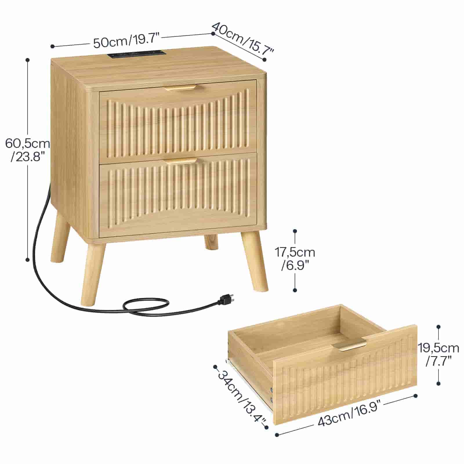 Dimension chart of the 2-drawer nightstand showing full height, width, and individual drawer interior measurements.