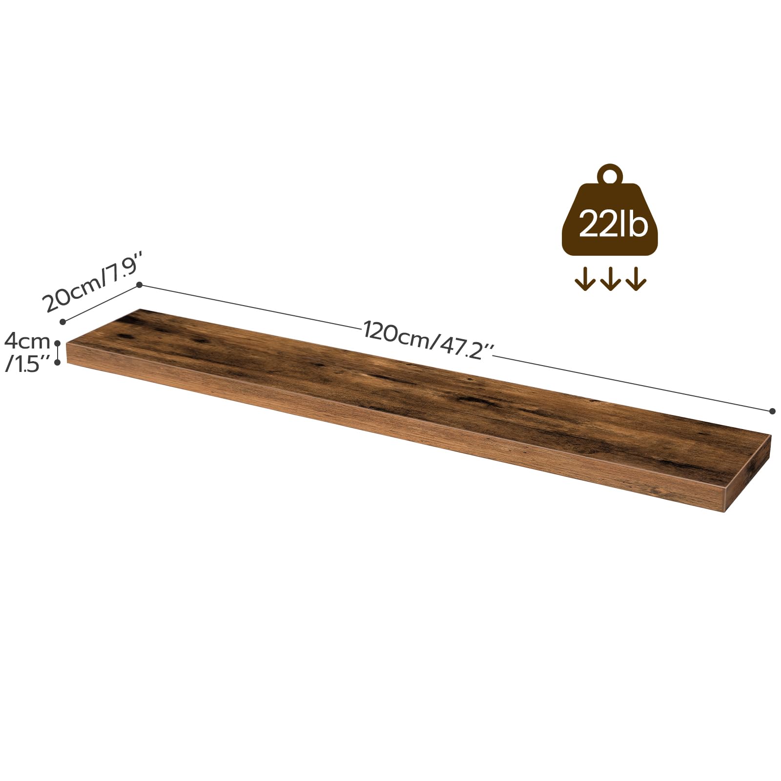 Product dimensions chart of HOOBRO floating shelf showing 31.5 inch length and 22 lbs maximum weight capacity specification.