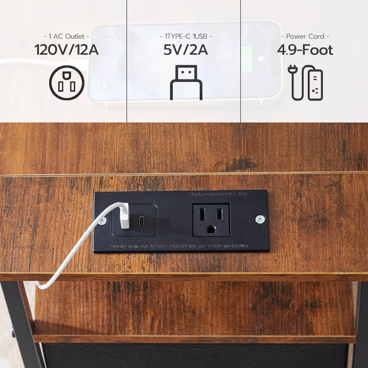 Black power outlet with USB port on a wooden surface, showing specifications above.