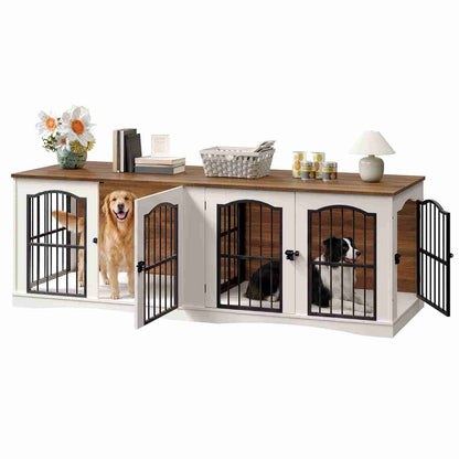 Dog kennel with wooden top and white base, featuring three dogs inside.