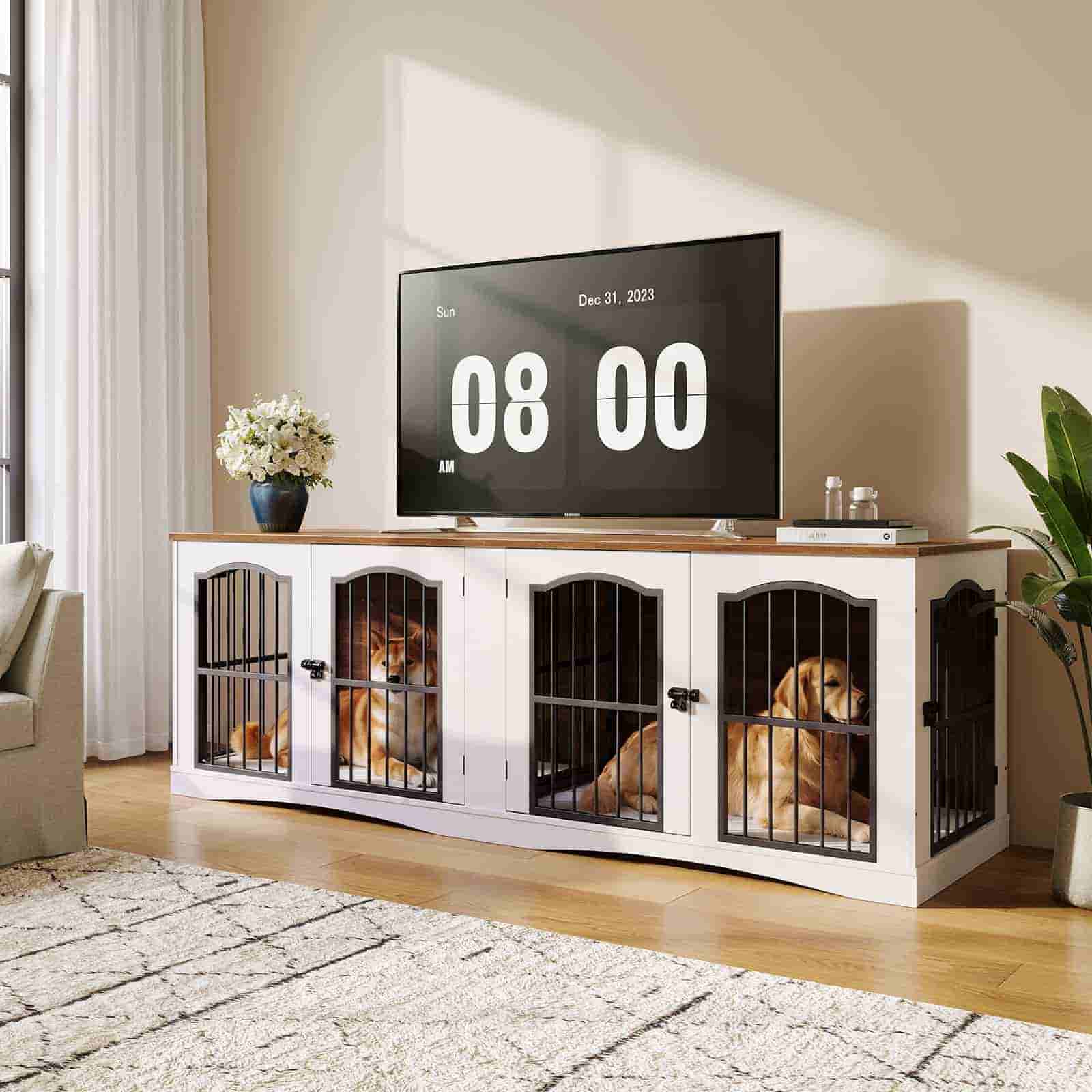 Furniture piece with dog kennels and a TV displaying the time.