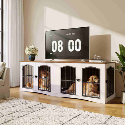 Furniture piece with dog kennels and a TV displaying the time.