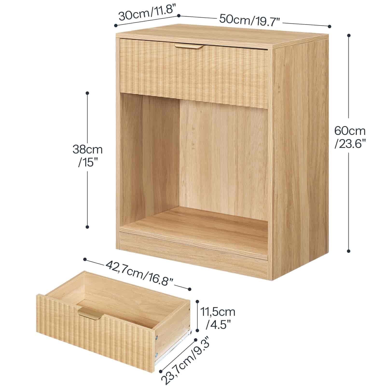 Wooden cabinet with dimensions labeled on a white background